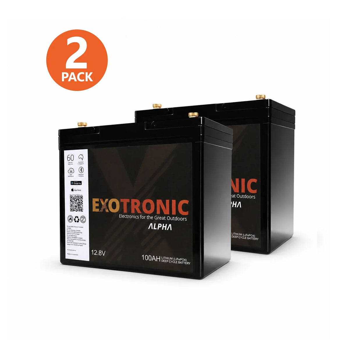 Twin Pack Exotronic 12V 100Ah Alpha IP67 Smart Bluetooth Lithium Batteries
