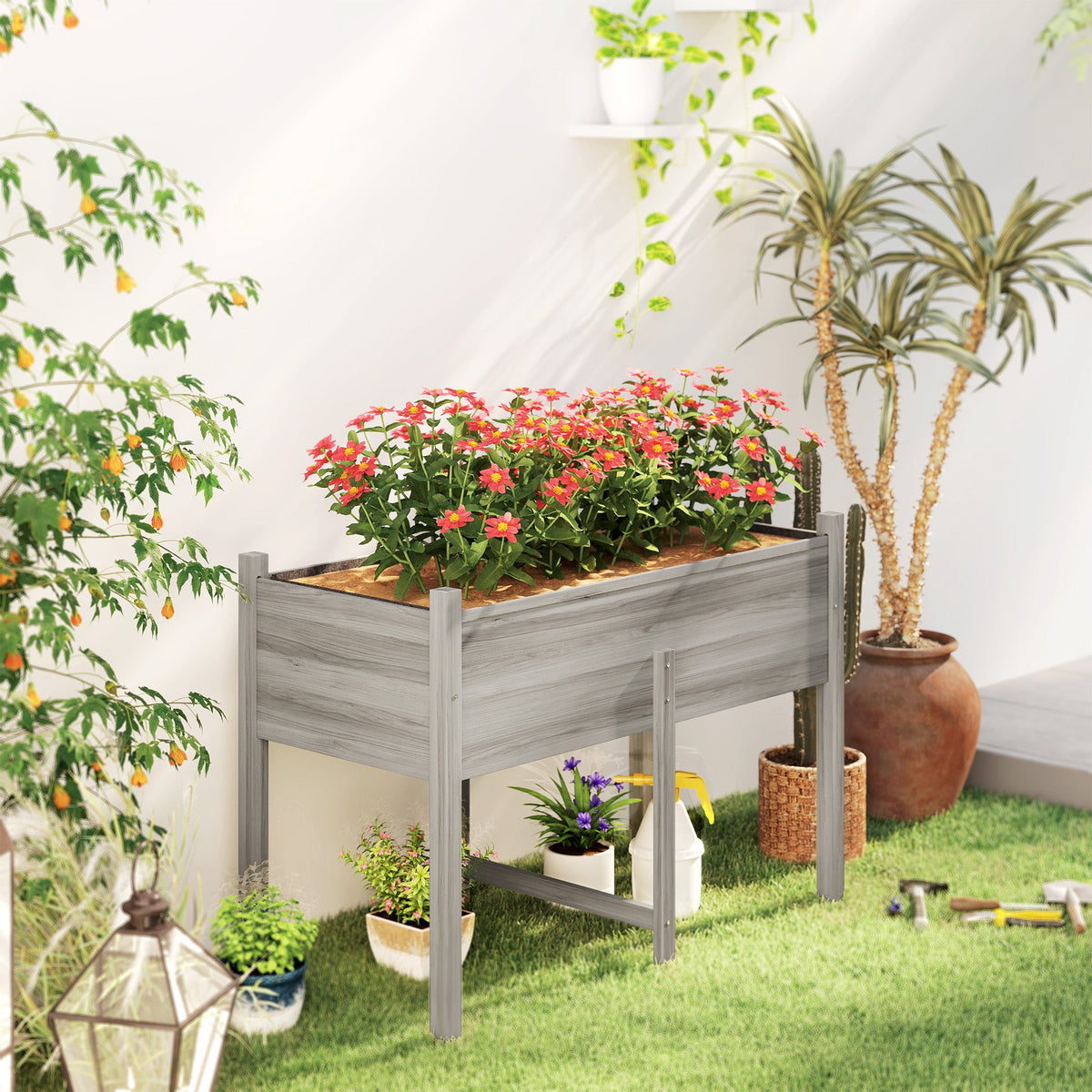 Wooden Raised Garden Bed with Liner & Drain Holes, 45.3"x21.7"x31.5", Grey