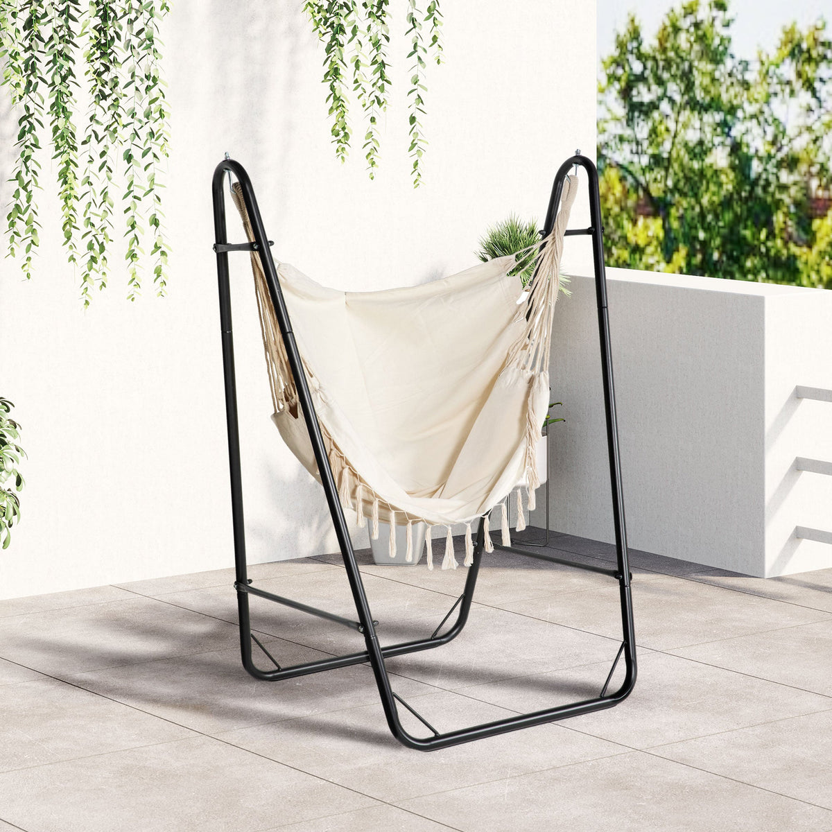Hammock Swing Chair with U Shape Stand, Side Pocket, Black/Cream White