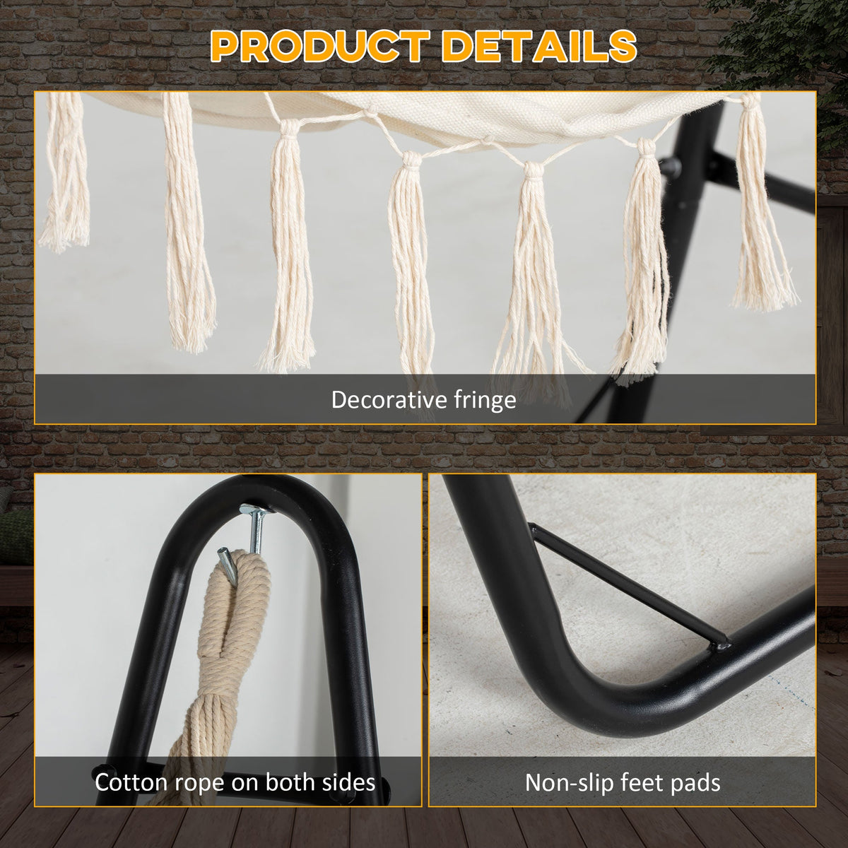 Hammock Swing Chair with U Shape Stand, Side Pocket, Black/Cream White