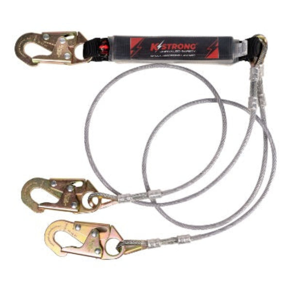 Shock Absorbing Lanyard - Clear Shock Pack - Wire Cable Leading Edge - Twin Leg - 3 Snap Hooks - 6ft