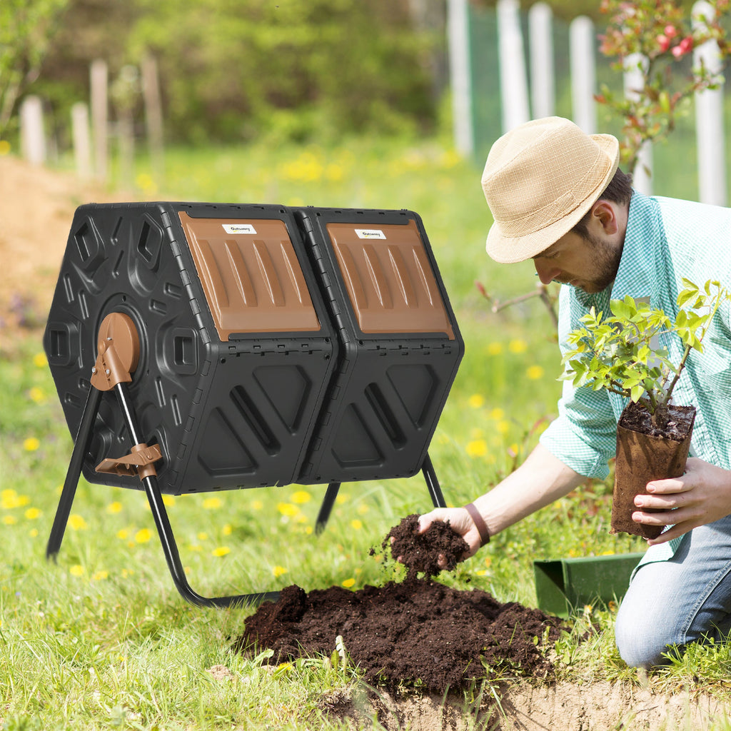 34.5 Gallon Dual Chamber Rotating Compost Bin, Tumbling Composter with Ventilation System, Brown