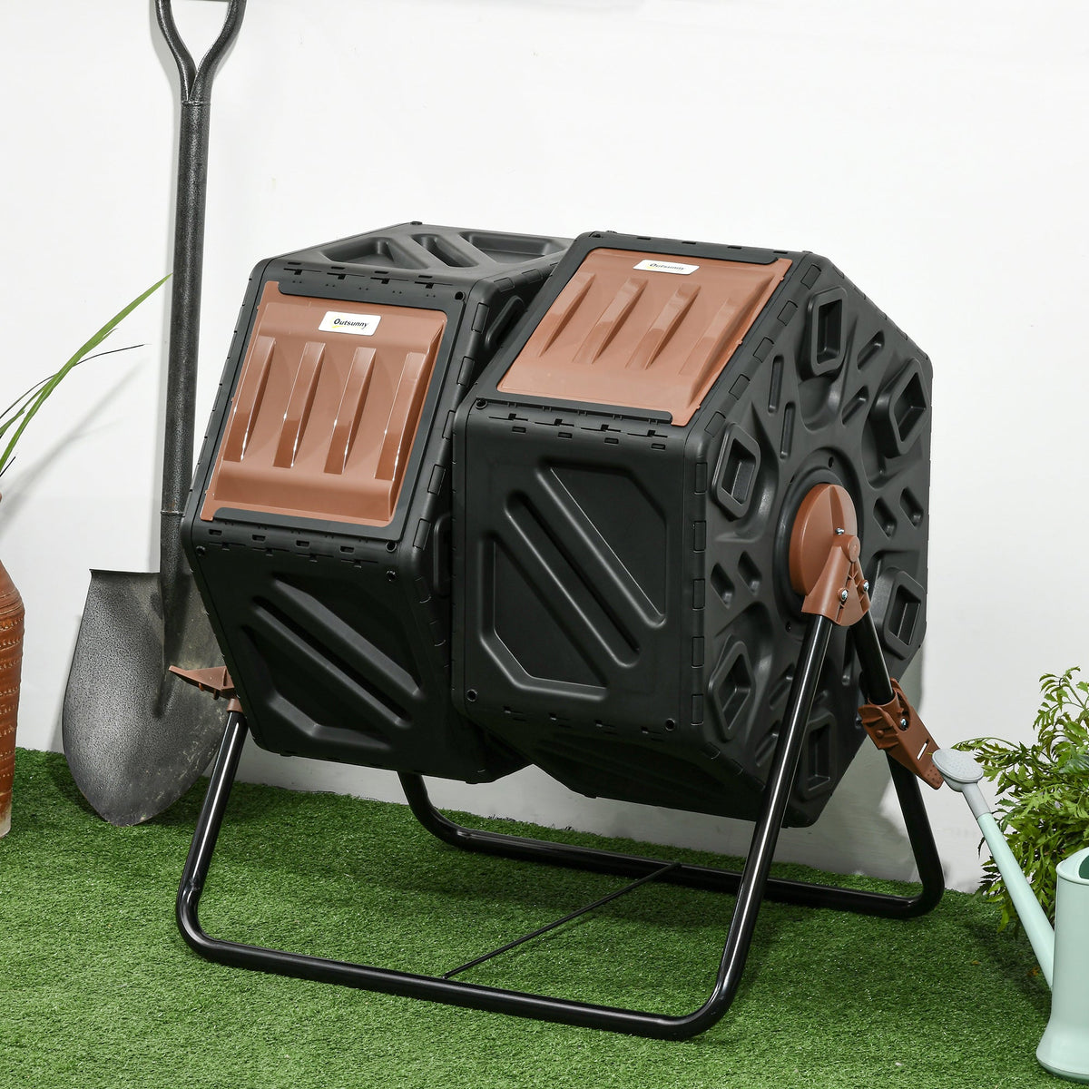 34.5 Gallon Dual Chamber Rotating Compost Bin, Tumbling Composter with Ventilation System, Brown