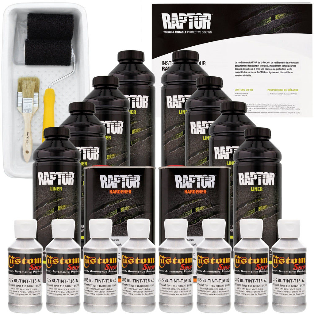 Bright Silver - U-POL Urethane Roll-On Truck Bed Liner Kit with included Roller, Tray & Brush, 8 Quarts