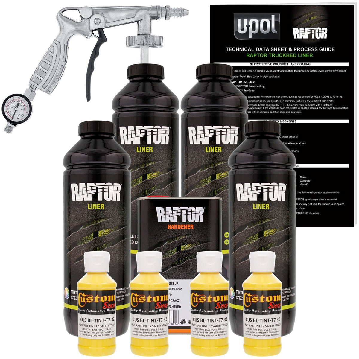 Safety Yellow - U-POL Urethane Spray-On Truck Bed Liner Kit with included Spray Gun, 4 Quarts