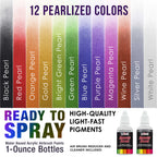 12 Color Pearlized Acrylic Airbrush Paint Set with Reducer & Cleaner, Ready to Spray, 1 oz. Bottles