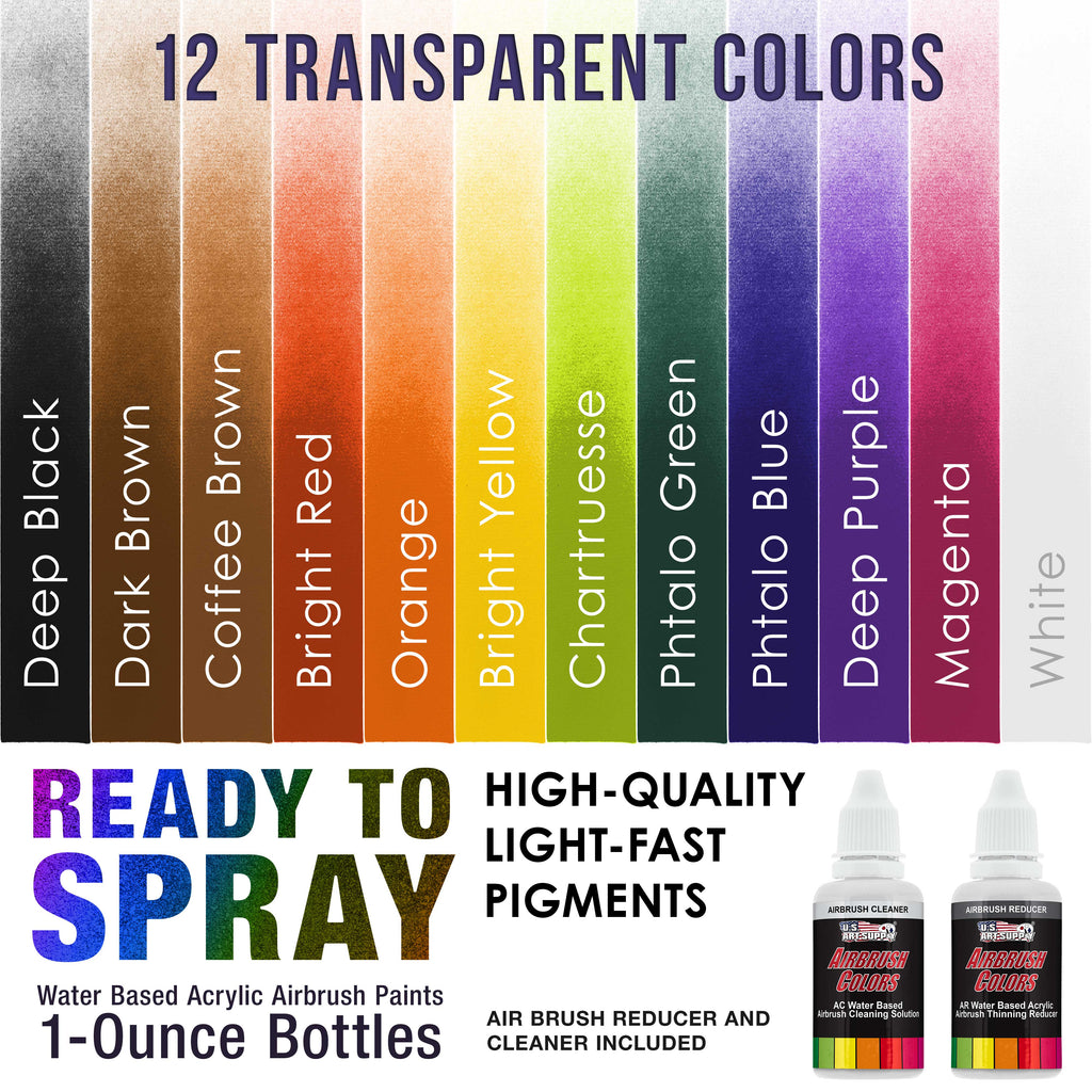 12 Color Acrylic Transparent Colors Airbrush Paint Set with Reducer & Cleaner, Ready to Spray, 1 oz. Bottles