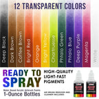 12 Color Acrylic Transparent Colors Airbrush Paint Set with Reducer & Cleaner, Ready to Spray, 1 oz. Bottles