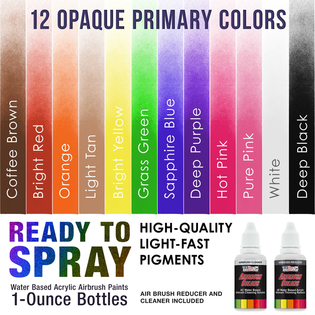 12 Color Primary Opaque Acrylic Airbrush Paint Set with Reducer & Cleaner, Ready to Spray, 1 oz. Bottles