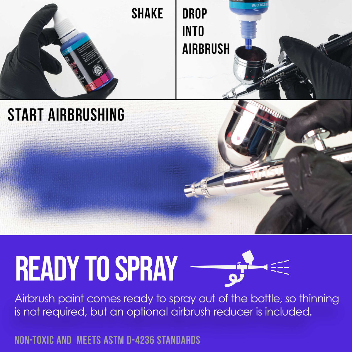 12 Color Primary Opaque Acrylic Airbrush Paint Set with Reducer & Cleaner, Ready to Spray, 1 oz. Bottles