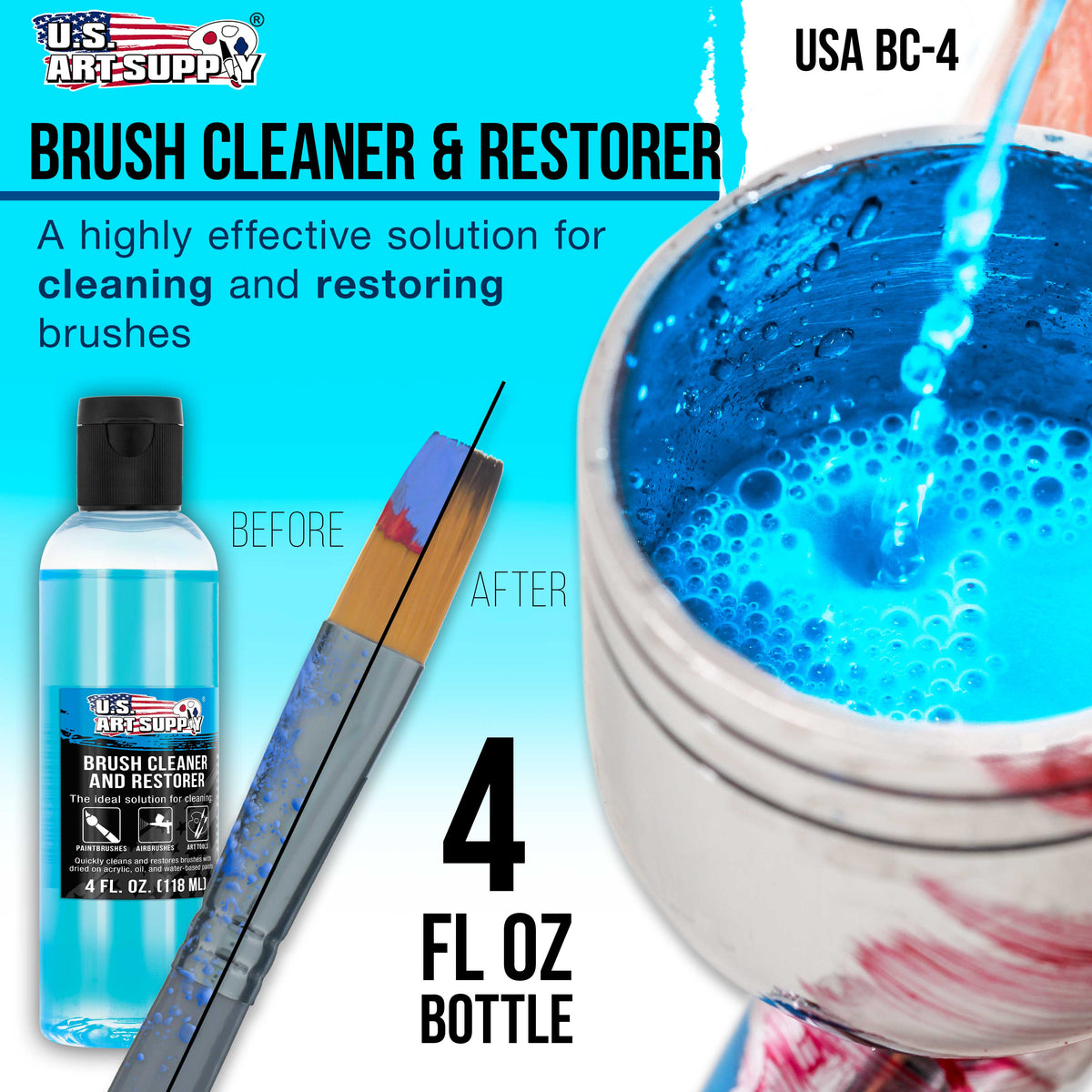 Brush Cleaner and Restorer, 4 oz - Cleans Paint Brushes, Airbrushes, Art Tools, Remove Dried On Acrylic Oil, Water-Based Paint Colors