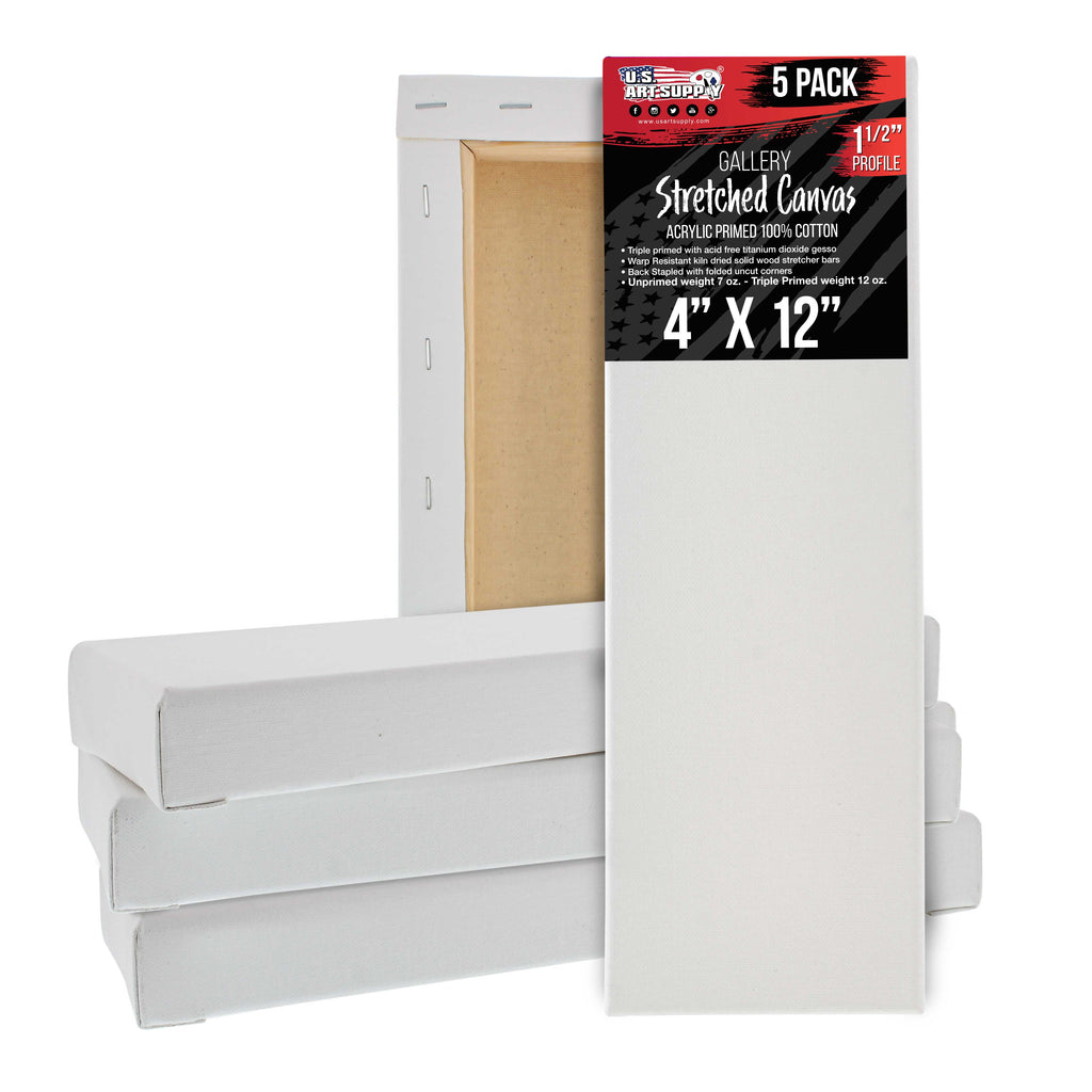 5-Pack Bulk White Stretched Canvas for Painting 4" x 12" Gallery Depth 1-1/2" Profile - Professional Artist Quality, 100% Cotton 12-Ounce Gesso Triple Primed for Acrylic Pouring, Oil