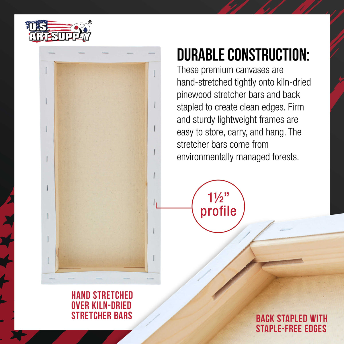 Rectangle Stretched Canvas for Painting 10x20 inch Gallery Depth 1-1/2" Thick, 3-Pack - 12oz Acrylic Gesso Triple Primed, Professional Artist Quality, 100% Cotton - Oil, Pouring Paint