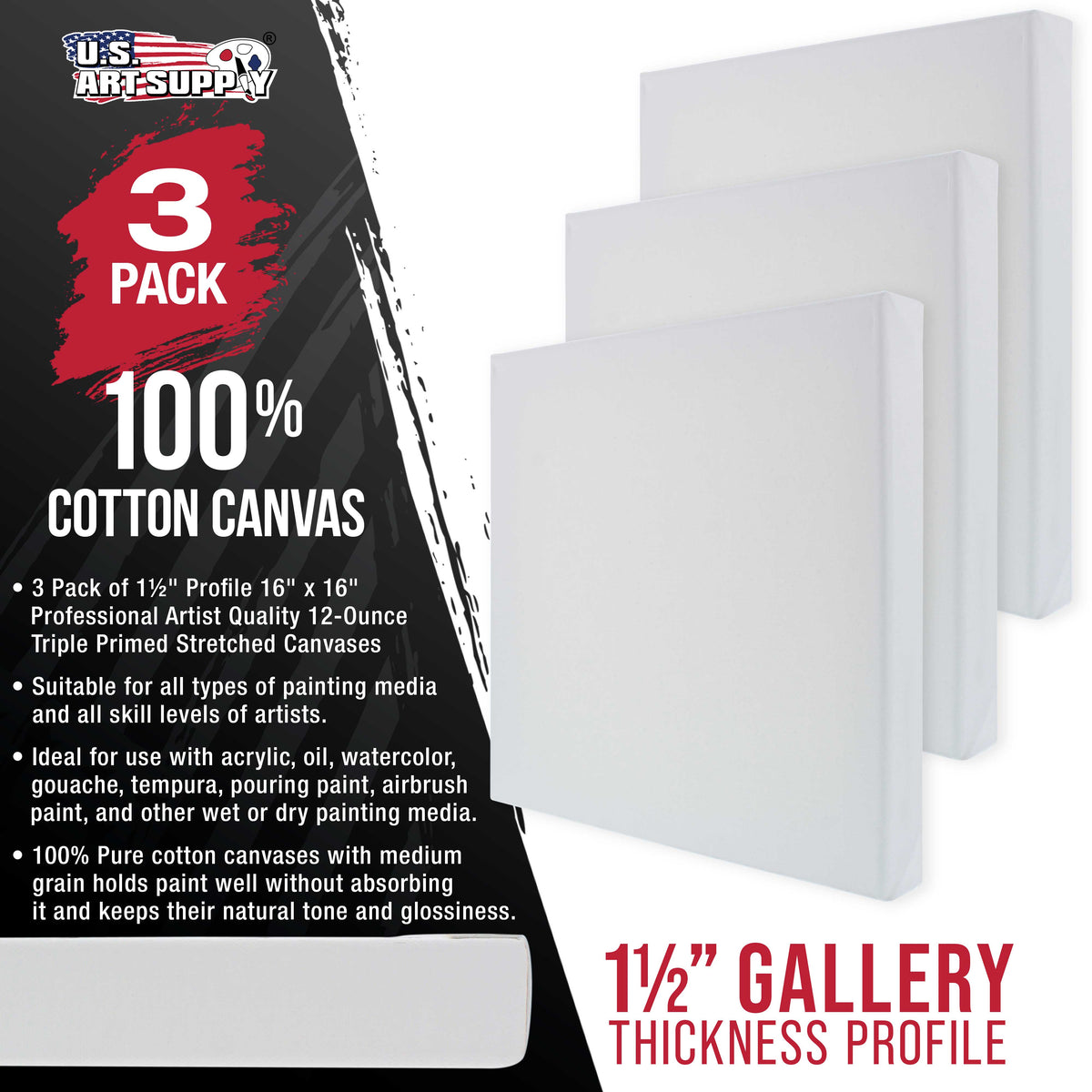 Large Stretched Canvas for Painting 16x16 inch Gallery Depth 1-1/2" Thick, 3-Pack - 12oz Acrylic Gesso Triple Primed, Professional Artist Quality, 100% Cotton - Oil, Pouring Paint