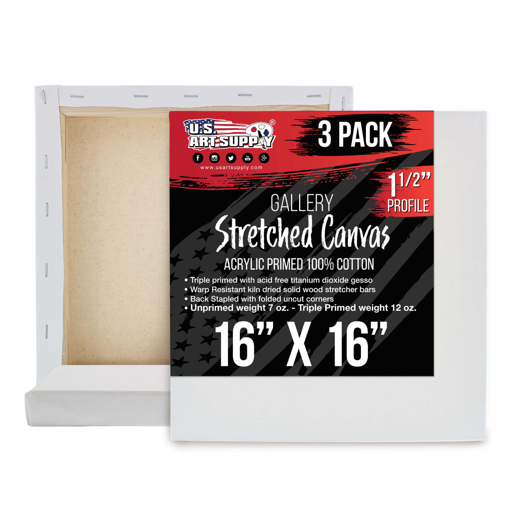 Large Stretched Canvas for Painting 16x16 inch Gallery Depth 1-1/2" Thick, 3-Pack - 12oz Acrylic Gesso Triple Primed, Professional Artist Quality, 100% Cotton - Oil, Pouring Paint