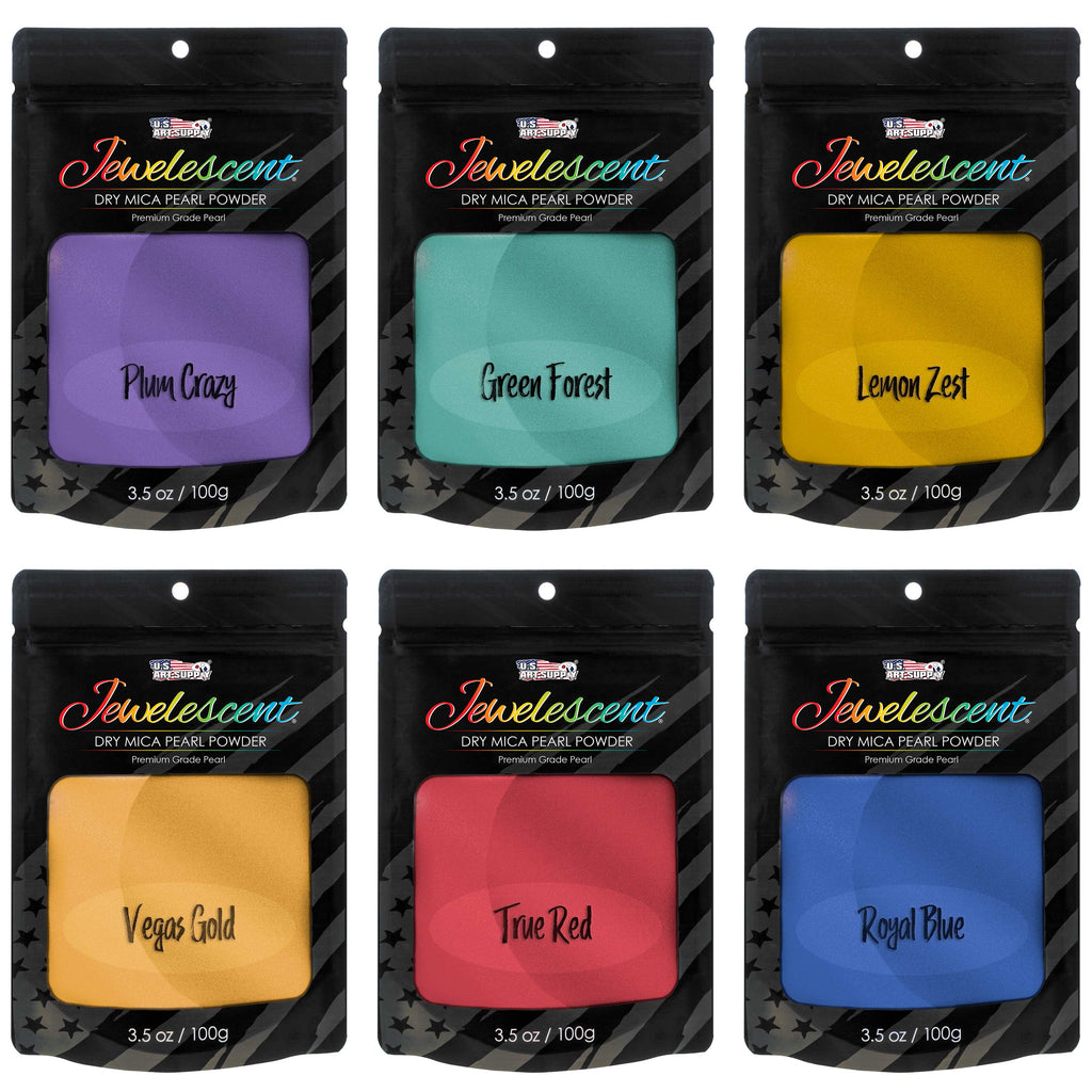 Jewelescent Mica Pearl Pigment Powder Kit, 6 Basic Colors, 3.5 oz (100g) Pouches - Cosmetic Grade, Epoxy Resin Color Pigment, Mica Powder for Resin, Soap, Slime, Candle Dye, Art