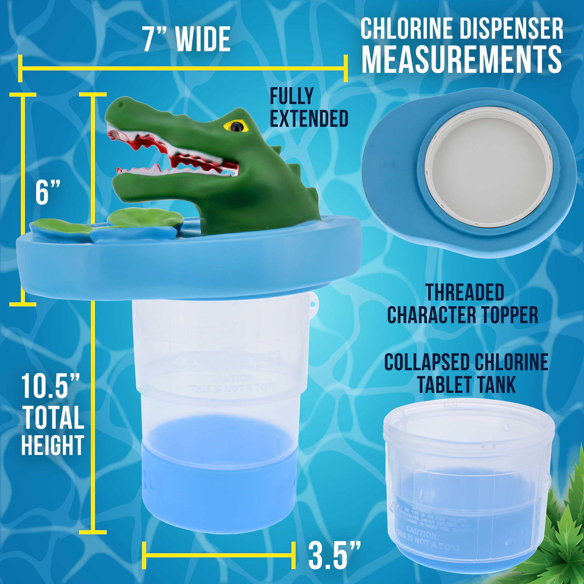 Open Mouth Alligator Floating Pool Chlorine Dispenser, Collapsible Base, Holds 3" Tablets - 6" Fun Scary Teeth Crocodile Animal Float