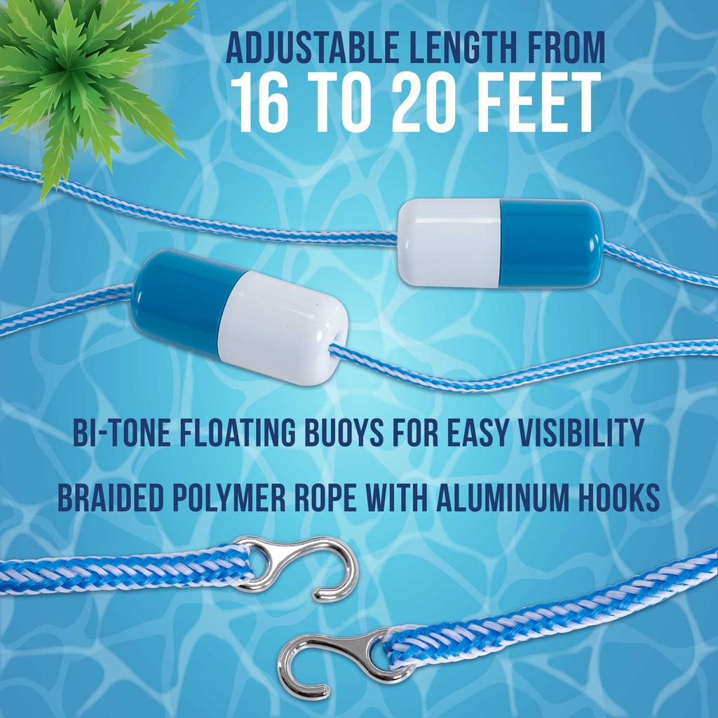 Swimming Pool Adjustable Length 16 to 20 Feet Safety Rope with Floating Buoys - Section Off Hazardous Areas, Dividing Lanes, Hooks
