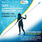 Professional 12-Foot Aluminum Telescopic Swimming Pool Pole, 3 Piece Expandable Step-Up - Twist Locking Cams, Attach Skimmer Nets
