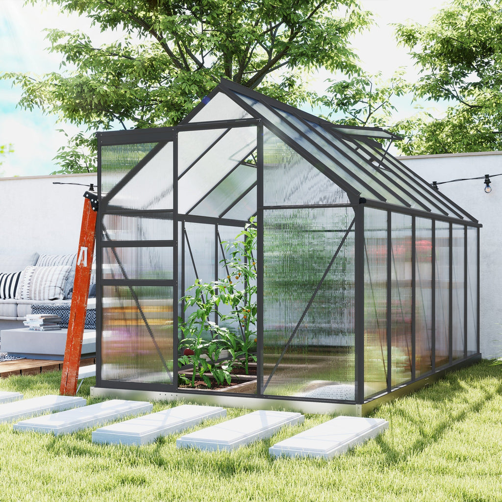 BloomGreen 6' x 12' x 6.5' Polycarbonate Greenhouse with Adjustable Roof Vent & Sliding Door, Charcoal Grey