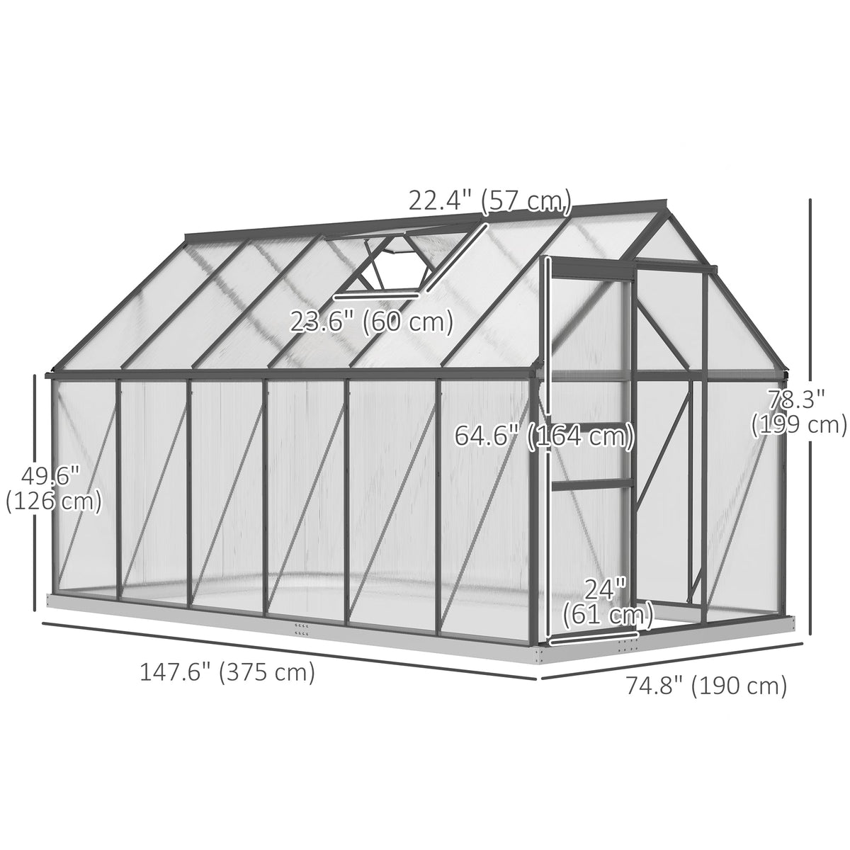 BloomGreen 6' x 12' x 6.5' Polycarbonate Greenhouse with Adjustable Roof Vent & Sliding Door, Charcoal Grey