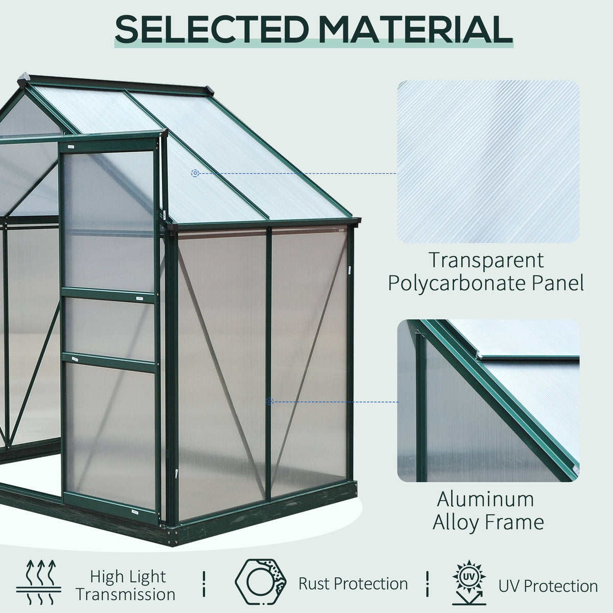 6' x 4' x 6.6' Polycarbonate Greenhouse with Aluminum Frame, Green