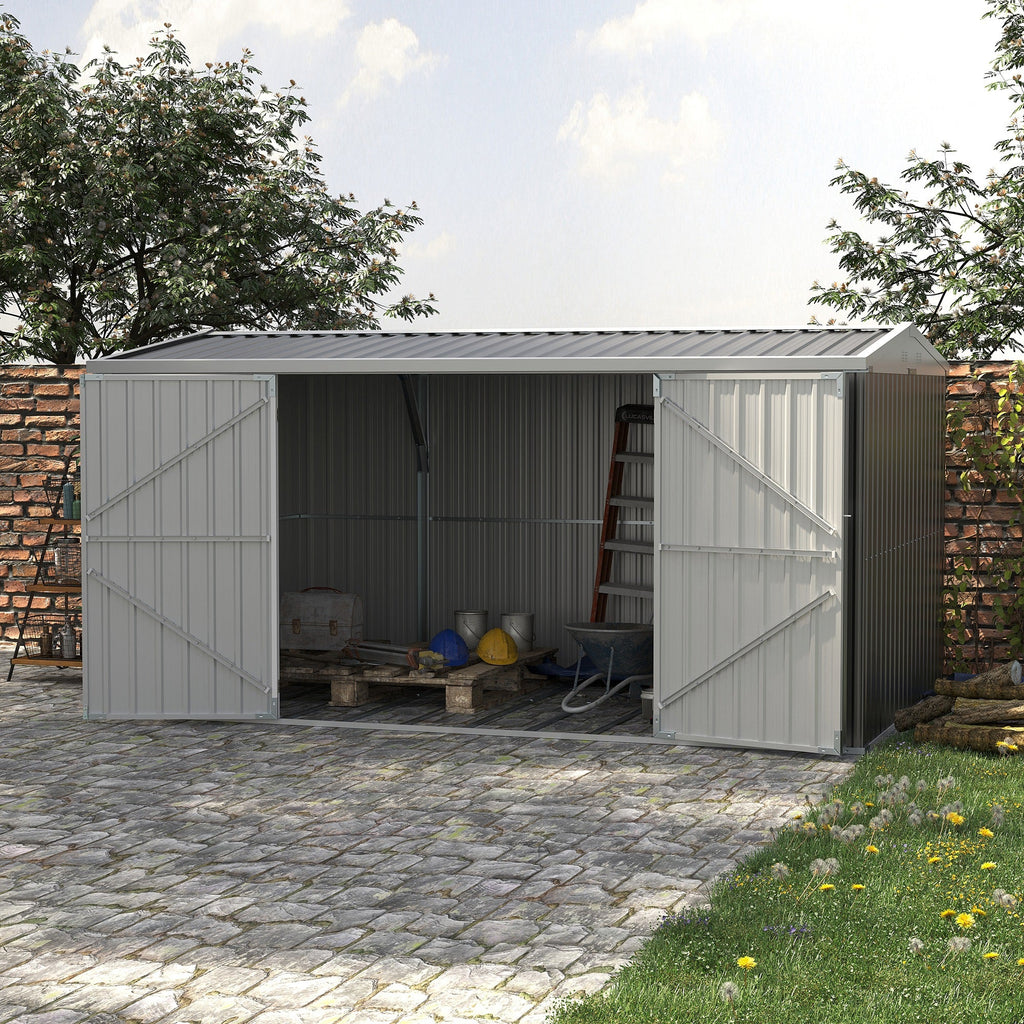 14' x 8' Outdoor Storage Shed, Galvanized Steel Garden Shed with Lockable Doors, Air Vents and Gloves, Waterproof Tool Shed for Backyard, Patio and Lawn, Grey