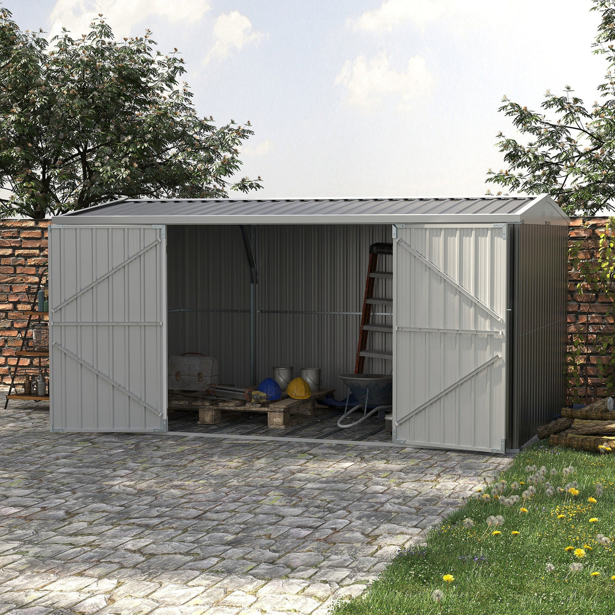 14' x 8' Outdoor Storage Shed, Galvanized Steel Garden Shed with Lockable Doors, Air Vents and Gloves, Waterproof Tool Shed for Backyard, Patio and Lawn, Grey