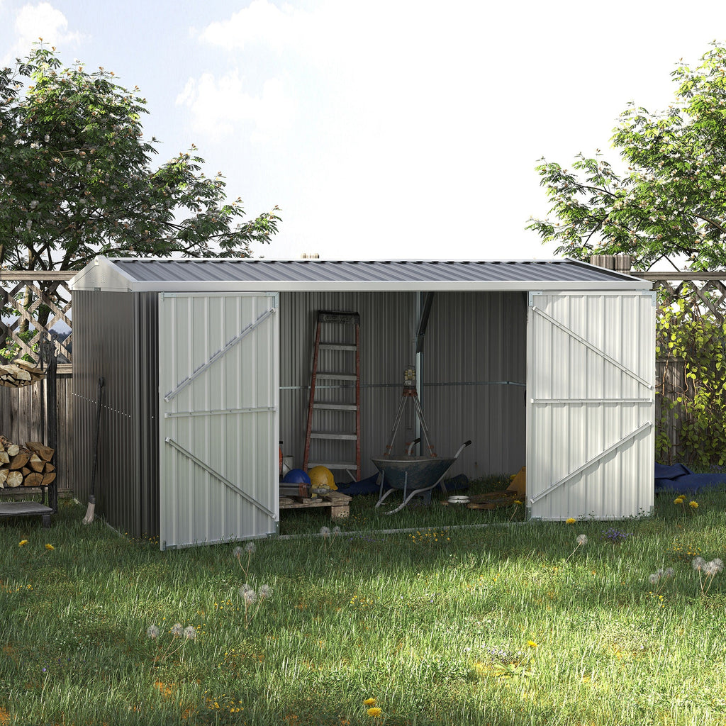 14' x 8' Outdoor Storage Shed, Galvanized Steel Garden Shed with Lockable Doors, Air Vents and Gloves, Waterproof Tool Shed for Backyard, Patio and Lawn, Grey