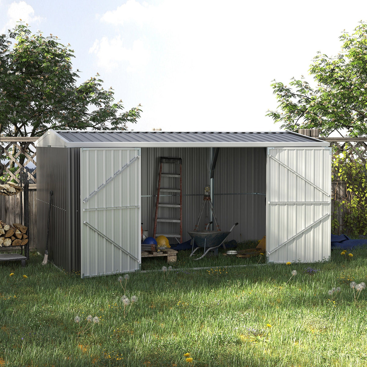 14' x 8' Outdoor Storage Shed, Galvanized Steel Garden Shed with Lockable Doors, Air Vents and Gloves, Waterproof Tool Shed for Backyard, Patio and Lawn, Grey