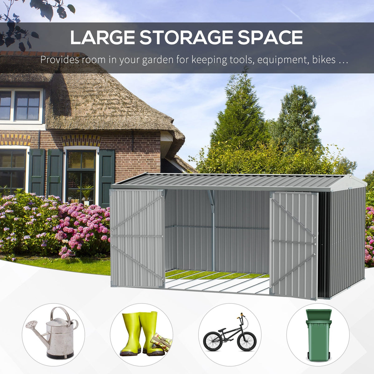 14' x 8' Outdoor Storage Shed, Galvanized Steel Garden Shed with Lockable Doors, Air Vents and Gloves, Waterproof Tool Shed for Backyard, Patio and Lawn, Grey