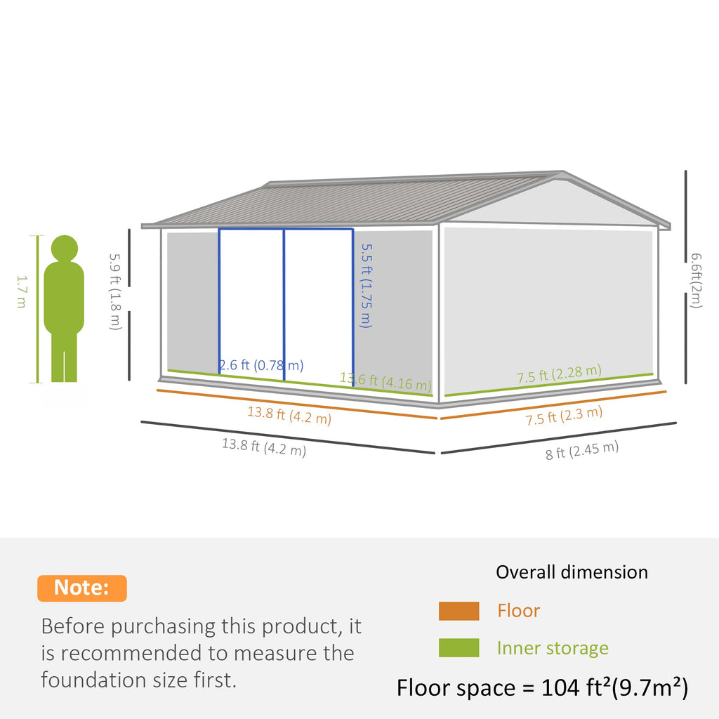 14' x 8' Outdoor Storage Shed, Galvanized Steel Garden Shed with Lockable Doors, Air Vents and Gloves, Waterproof Tool Shed for Backyard, Patio and Lawn, Grey