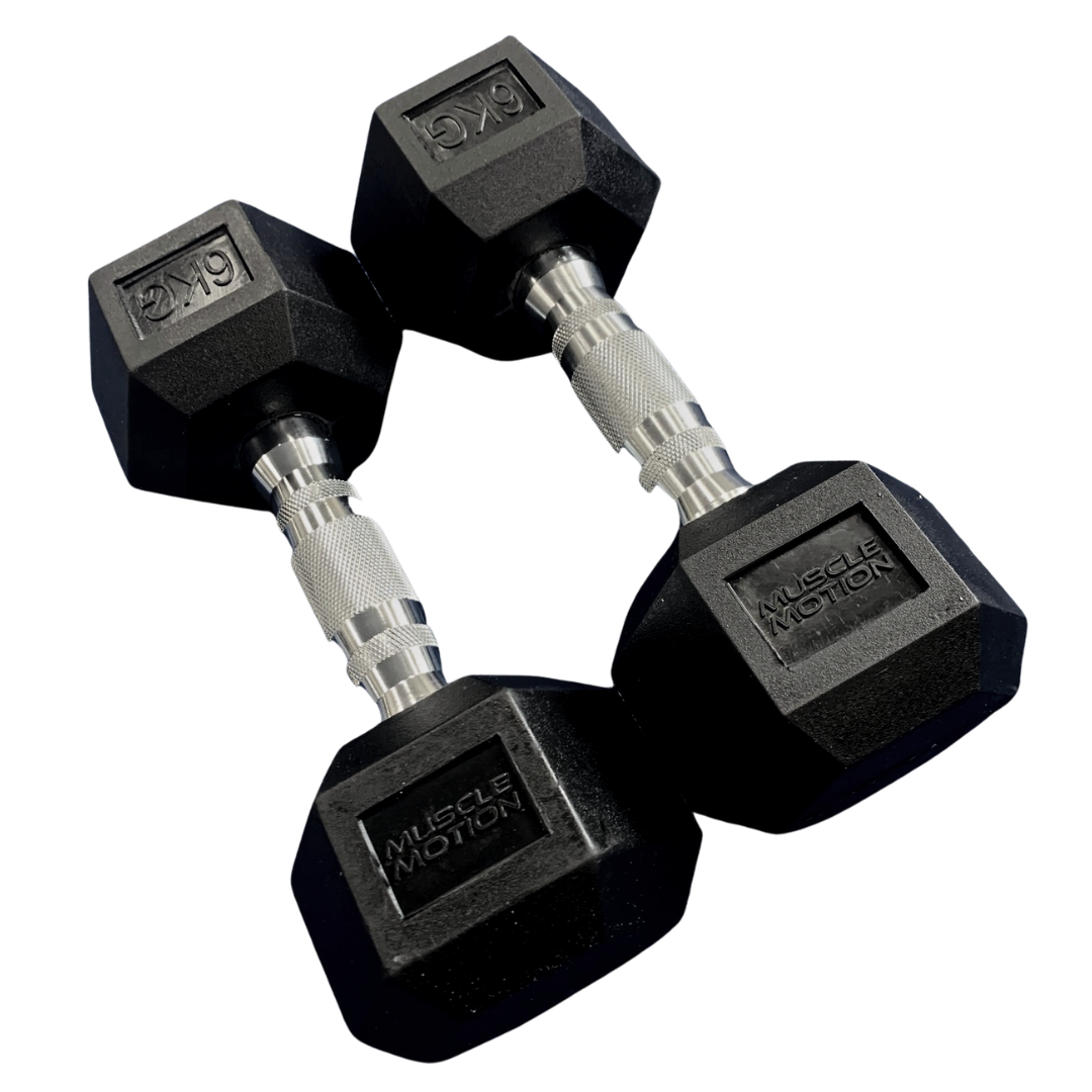 Muscle Motion Rubber Hex Dumbbell Set With 2 Tier Rack (2.5kg - 30kg) (12 Pairs)
