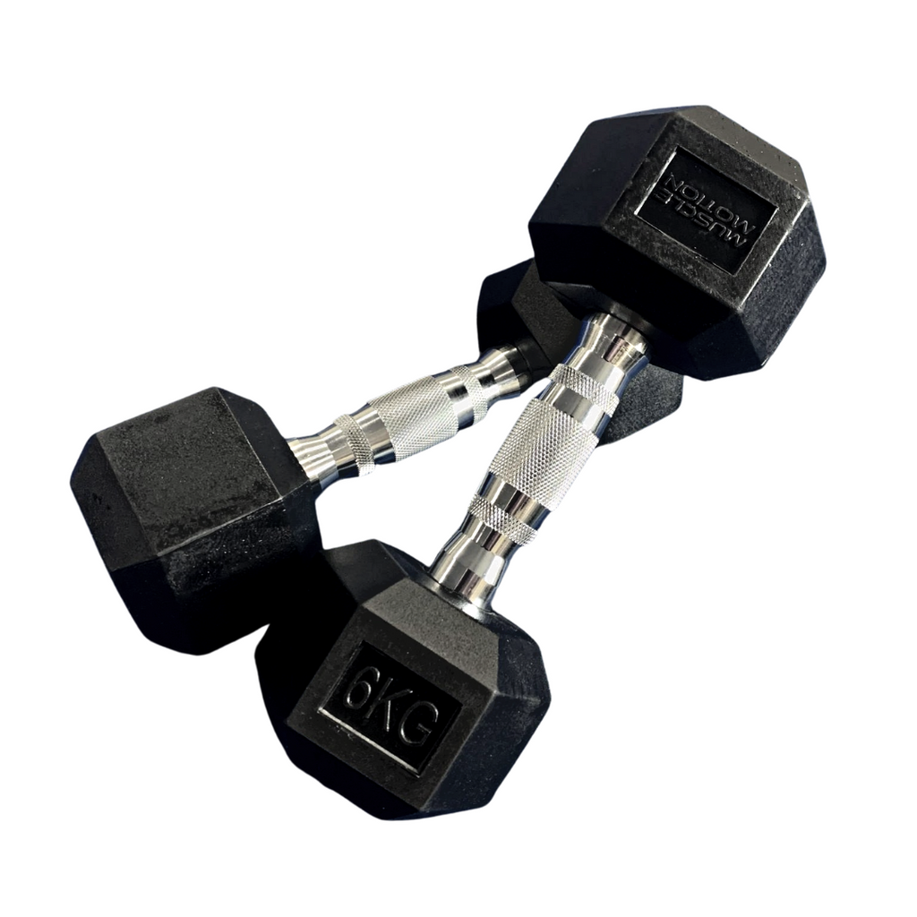Muscle Motion Rubber Hex Dumbbell Set With 2 Tier Rack (2.5kg - 30kg) (12 Pairs)