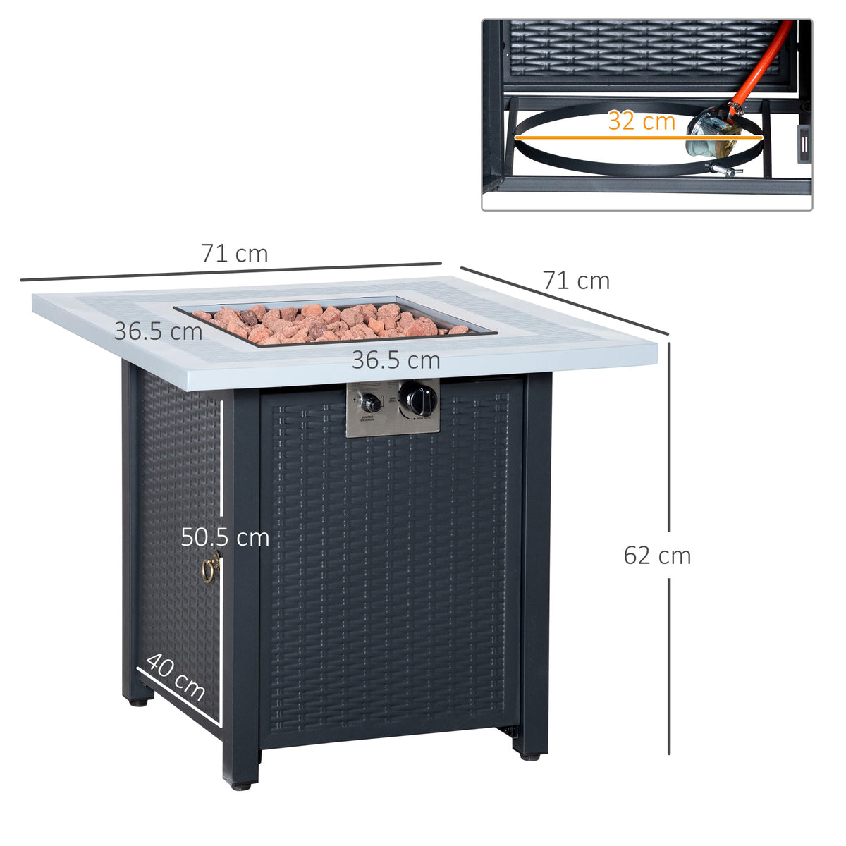 71 x 71 x 62 cm Gas Fire Pit Table, 40000 BTU, Black