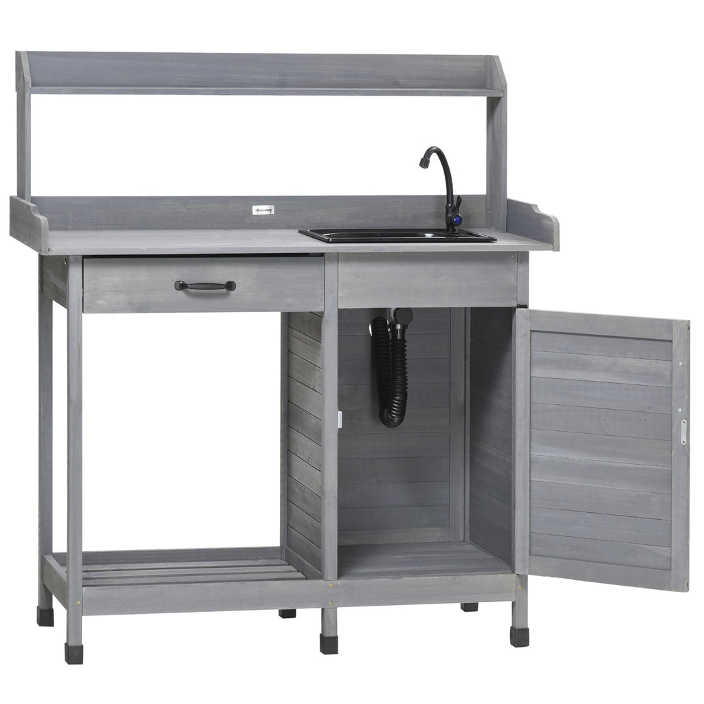 Garden Potting Table with Storage Cabinet, Removable Sink, Faucet and Drawer, Gray