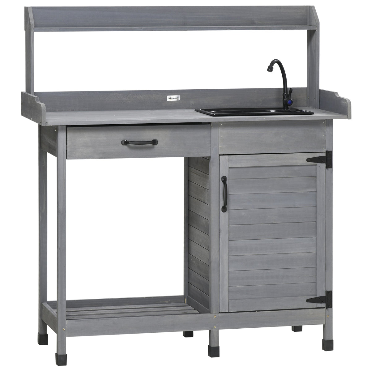 Garden Potting Table with Storage Cabinet, Removable Sink, Faucet and Drawer, Gray