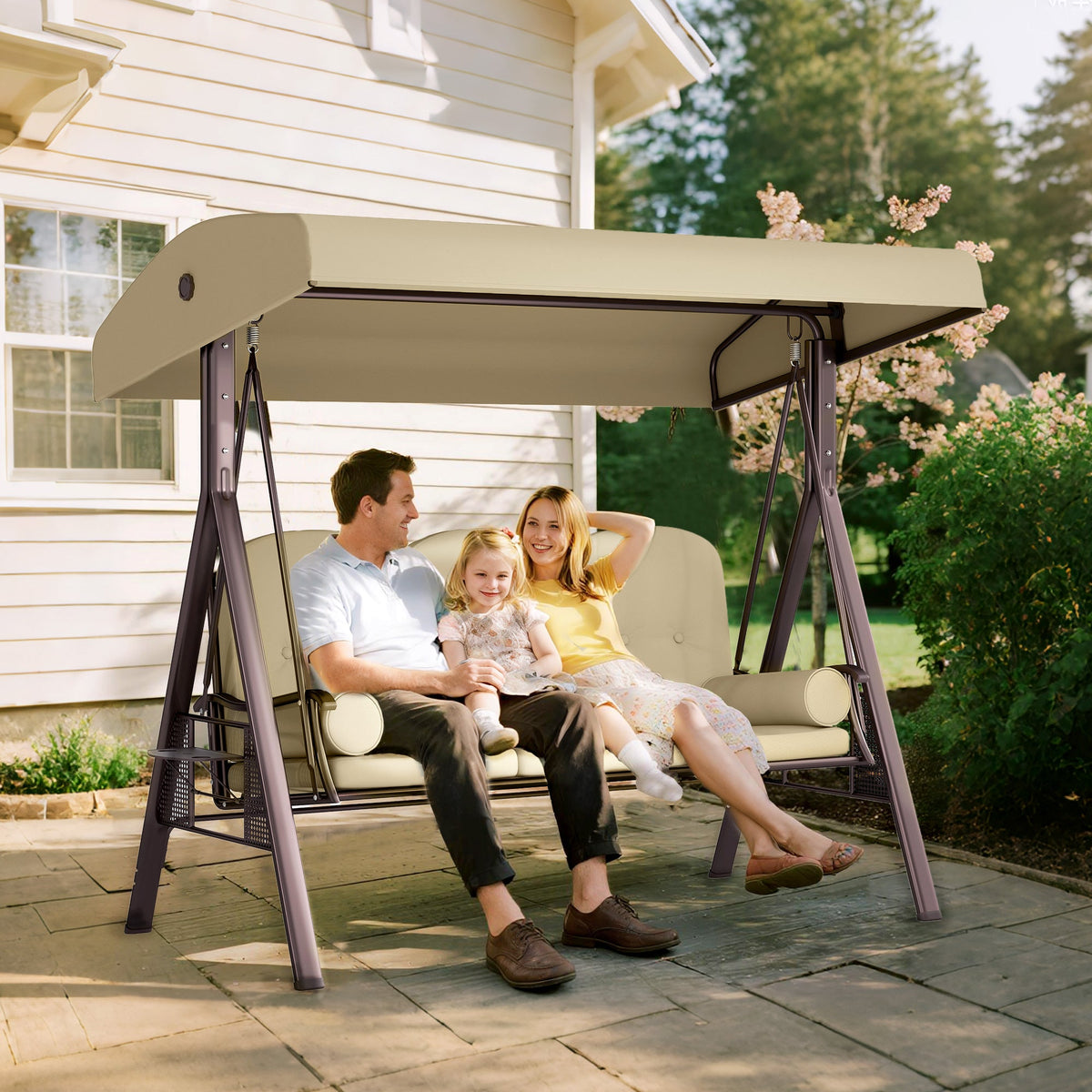 3 Seater Canopy Swing Chair with Cushions & Cup Trays, Brown