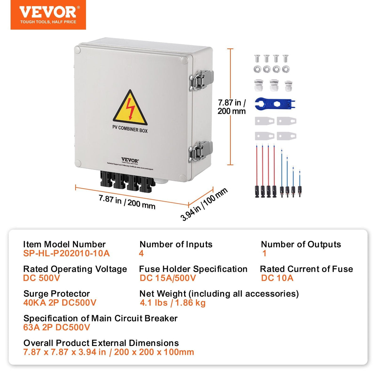 VEVOR Solar PV Combiner Box 4 String 10A for Solar Panel System ABS Case IP65