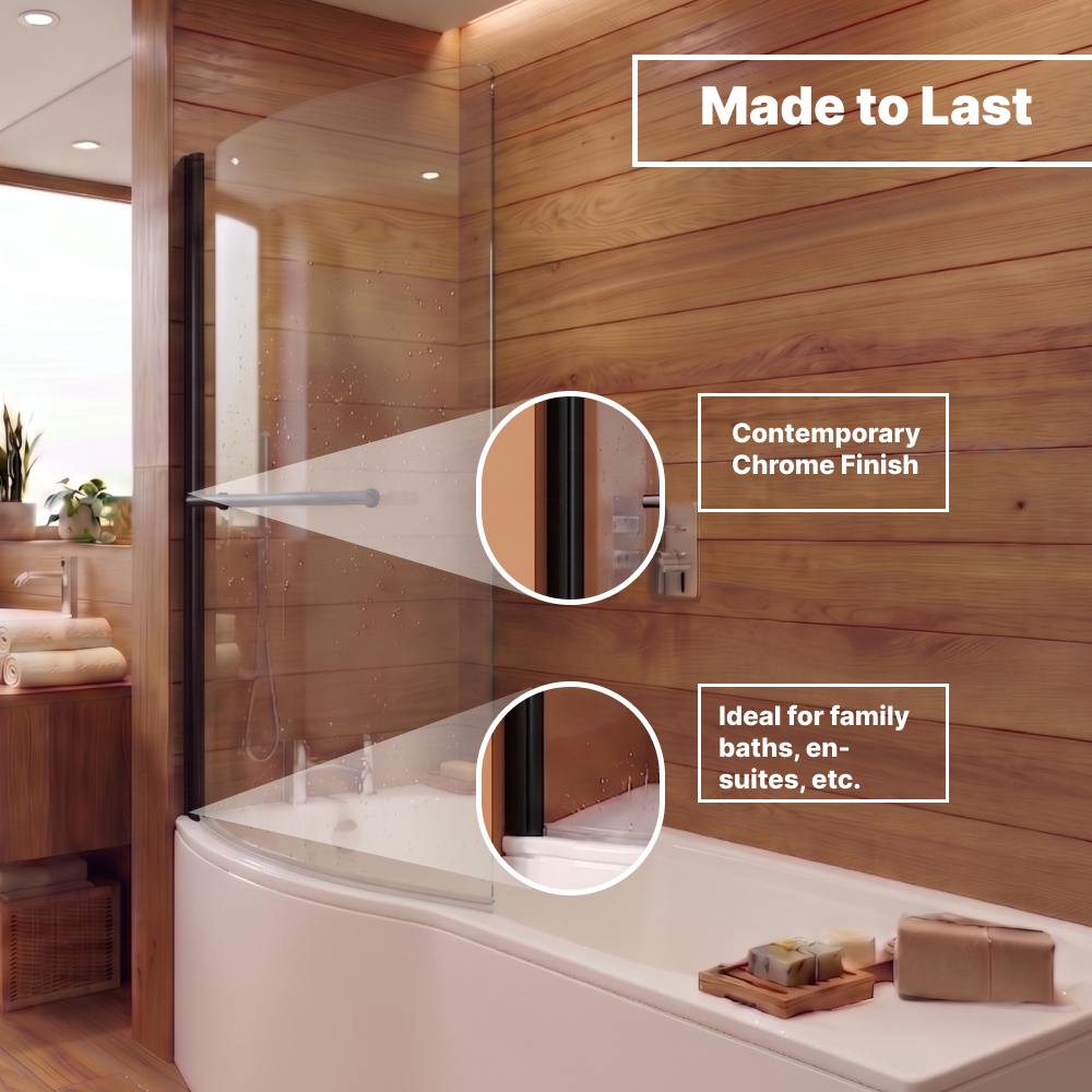 Eclipse 6mm Glass Curved Bath Screen with Towel Rail - 1400mm x 730mm