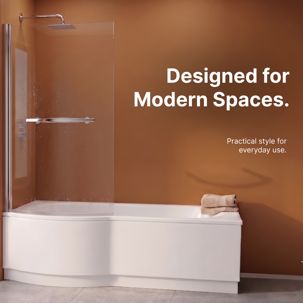 Eclipse 6mm Glass Curved Bath Screen with Towel Rail - 1400mm x 730mm