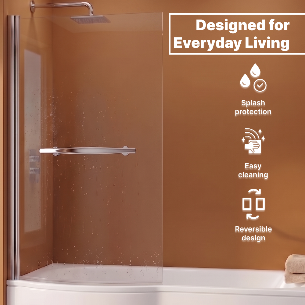 Eclipse 6mm Glass Curved Bath Screen with Towel Rail - 1400mm x 730mm