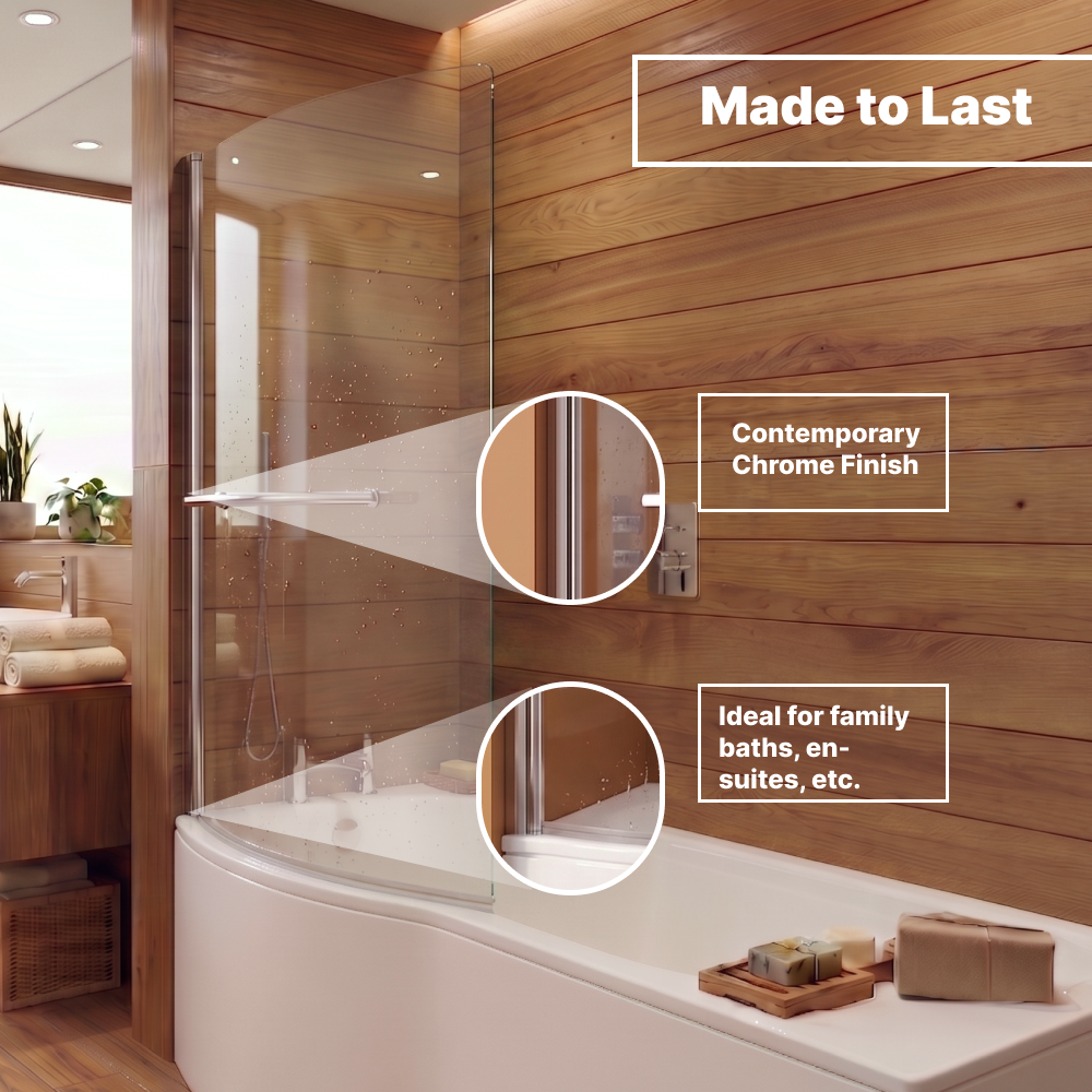 Eclipse 6mm Glass Curved Bath Screen with Towel Rail - 1400mm x 730mm