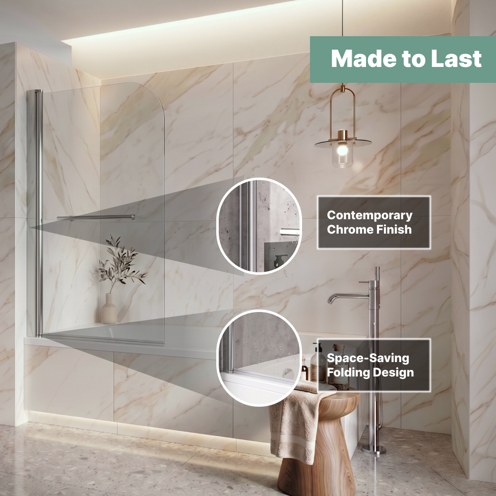 Supreme 6mm Glass Sail Bath Screen with Pivot Panel and Towel Rail - Chrome