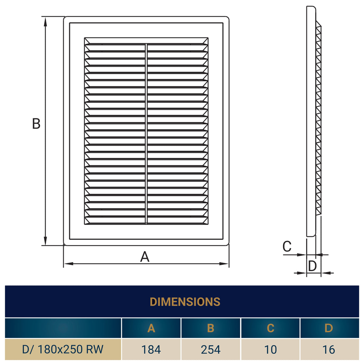 Louvre Vent D/180X250RW Classic 180mm X 250mm with Fly Screen