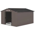 9' x 11' Metal Garden Storage Shed with Foundation Kit & Double Doors, Brown