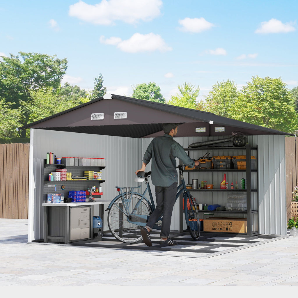 9' x 11' Metal Garden Storage Shed with Foundation Kit & Double Doors, Brown