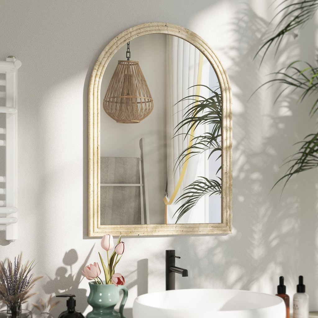 HOMCOM Arched Wall Mirror with Grooved Edge & Hooks, Wall-Mounted Mirror, Modern Tempered Glass & Polystyrene Beige - Wise Galleria Wall Mirrors