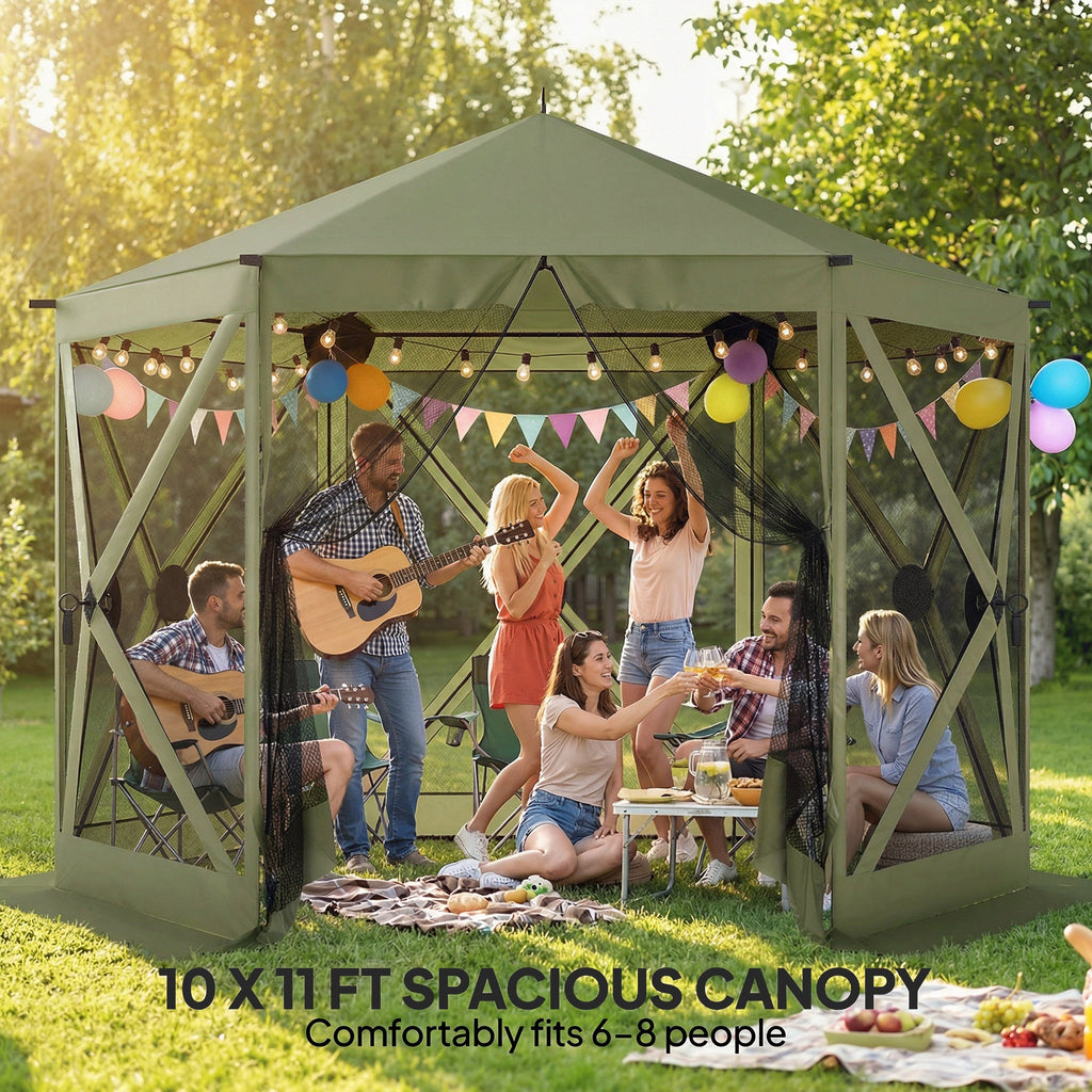 10' x 11' Pop Up Gazebo Screen Tent with Mesh Netting, Dark Green