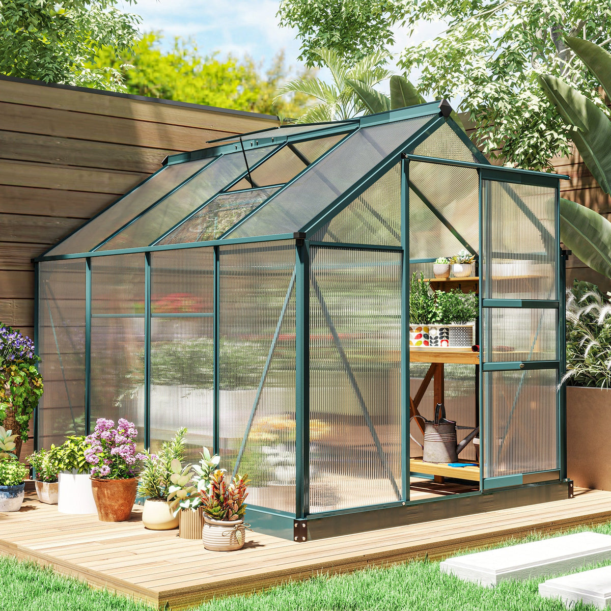 BloomGreen 6' x 8' x 6.6' Polycarbonate Greenhouse with Aluminum Frame, Green